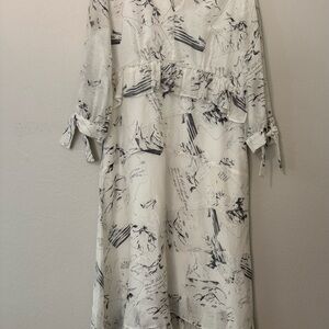 Black & White Art Print Midi Dress with Tie Sleeves